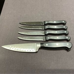 USED Farberware Knife Set of 4 Serrated Steak Knives + Chef Knife Triple Riveted
